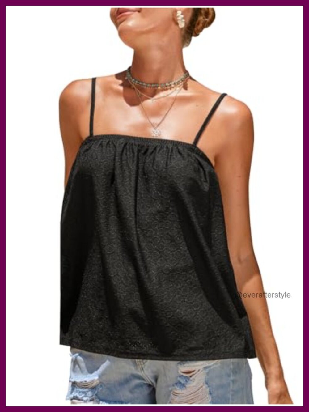 Textured Spaghetti Strap Tank Top Square Neck Smocked Sleeveless